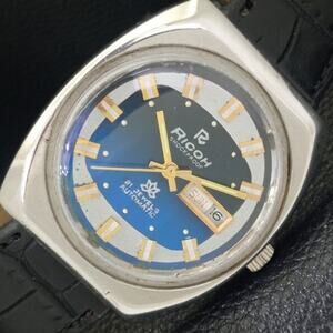 Vintage 1972 Ricoh Automatic Mens Silver Watch W/daydate & Blue accents